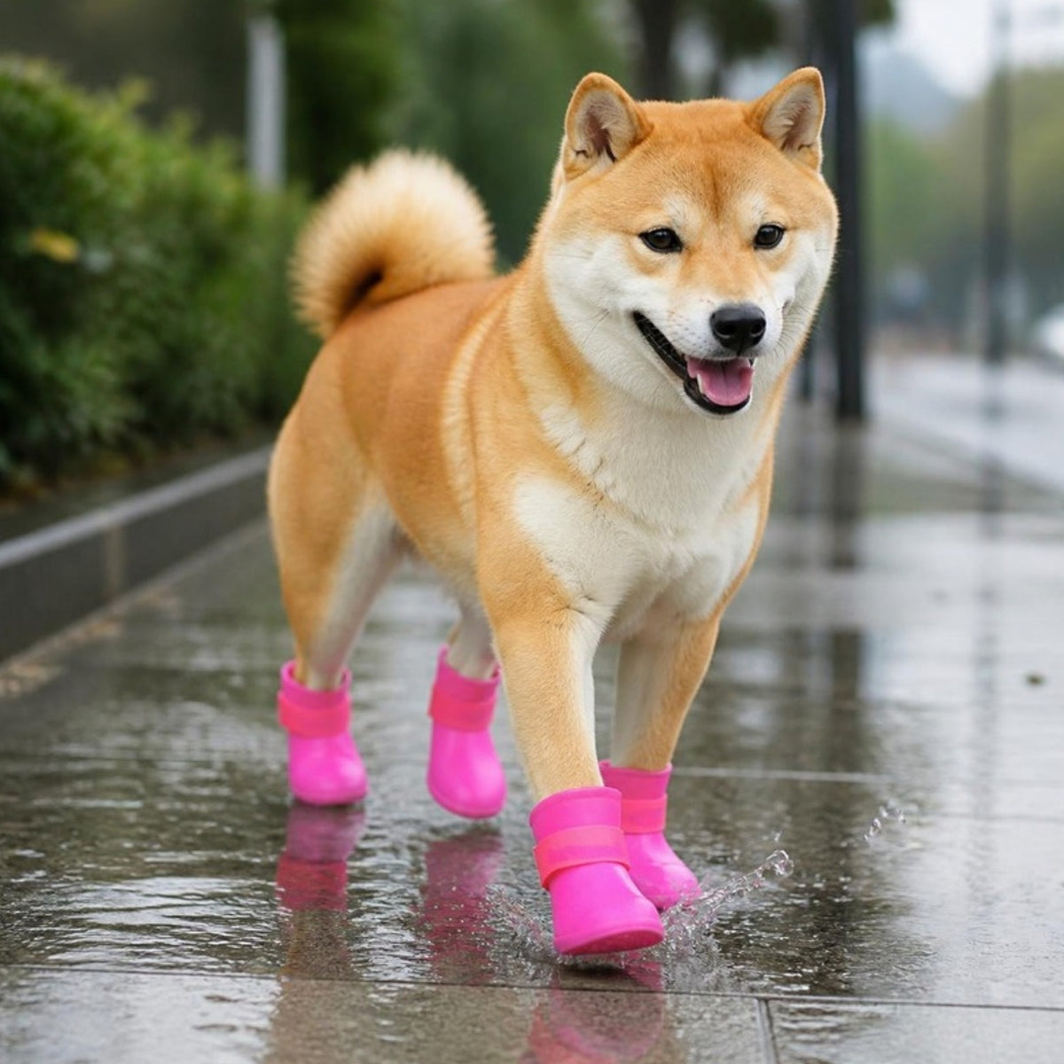 Cachorro andando na chuva com as botinhas protetoras