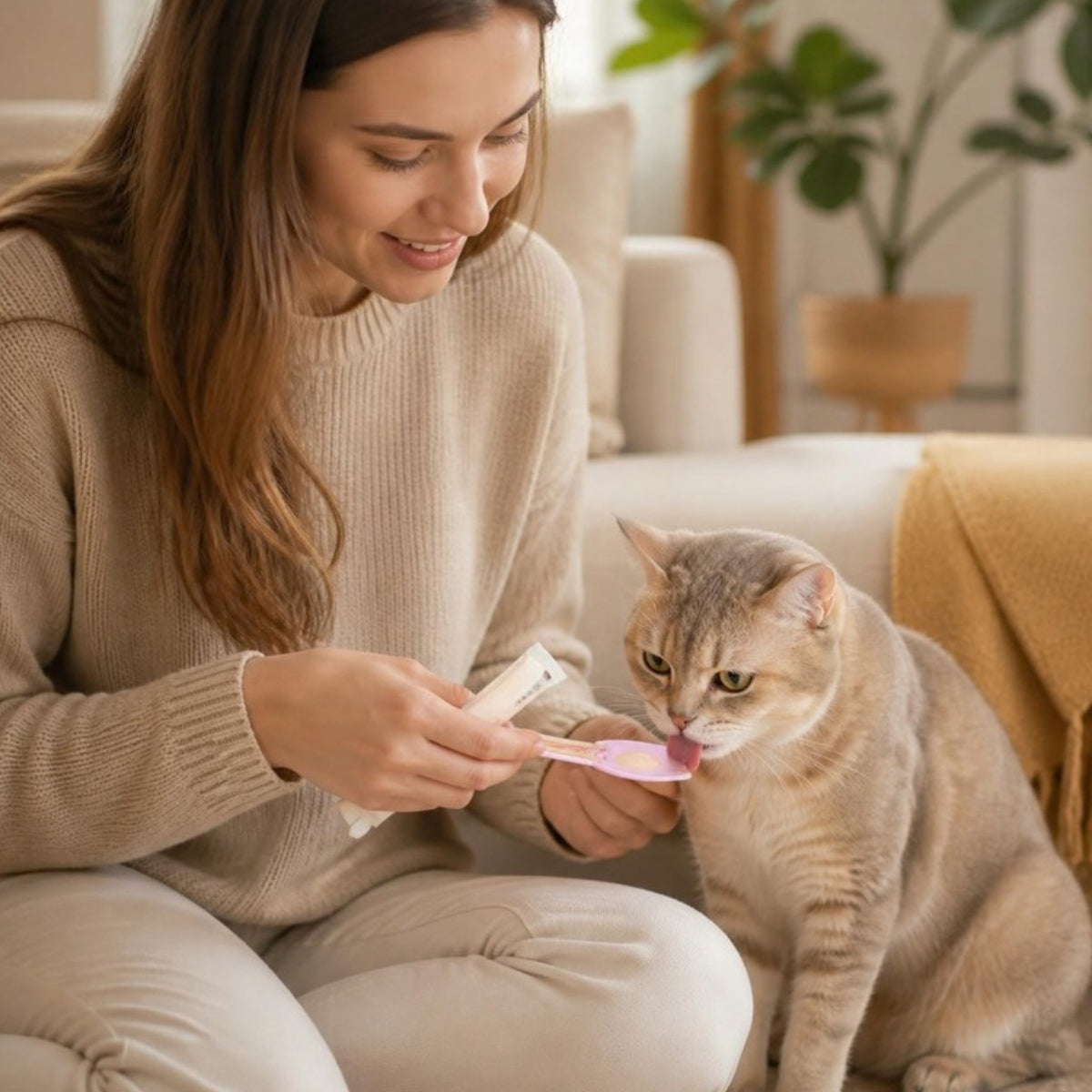 Tutora alimentando o gato com a colher
