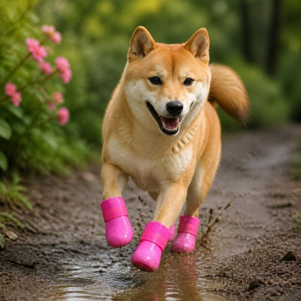 Cachorro correndo na trilha de lama com botinhas rosa