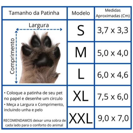 Tabela de tamanhos das botinhas para cachorro