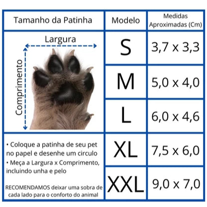Tabela de tamanhos das botinhas para cachorro