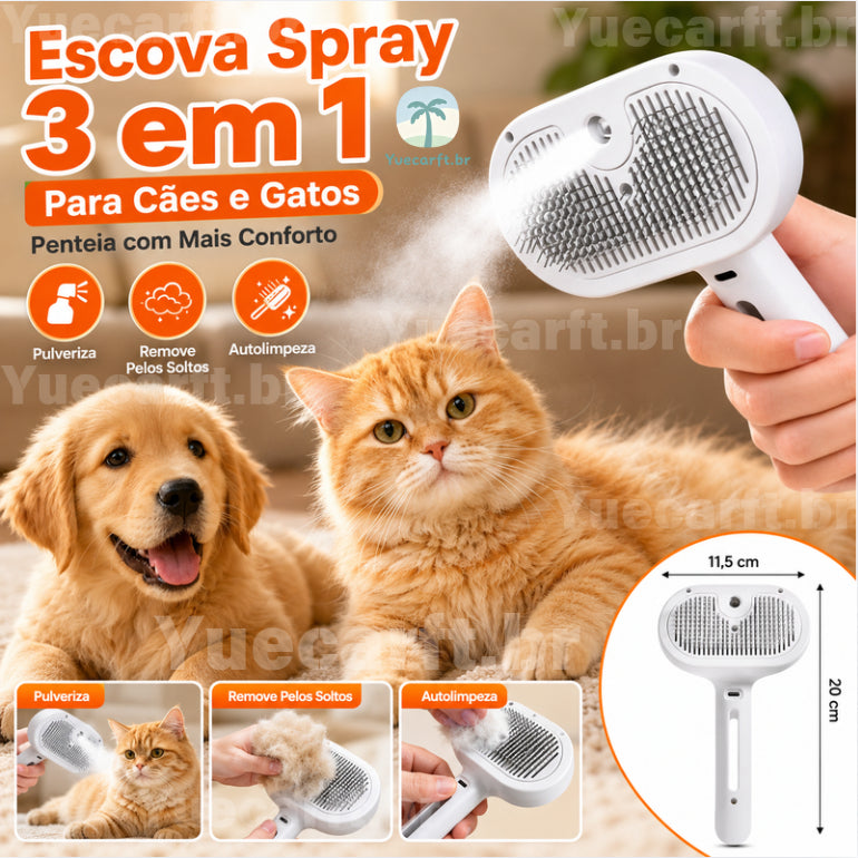 Escova Spray 3 em 1 para cães e gatos - penteia com mais conforto