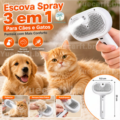 Escova Spray 3 em 1 para cães e gatos - penteia com mais conforto